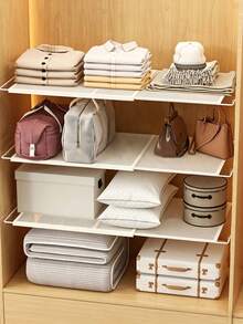 1 Pc Drill‑Free Expandable Wardrobe Storage Shelf, Black Iron Structure, No Drilling Needed, Expands Cabinet Internal Storage Space, Suitable For Wardrobe Layering, Cabinet Organization And Entryway Storage - Multicolor - View 4