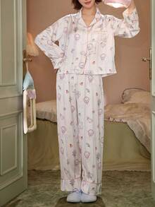 Gongdie 2 Pieces Women's Pajama Set,Spring Fall Striped Silky Soft Loungewear With Lace Pocket Detail And Lamb Print - Beige - View 10