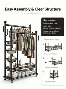 1pc Double‑Layer Metal Garment Rack‑Double Rod Clothes Drying Rack With Wheels, Equipped With Storage Basket And Hooks, Large Capacity, Stable Structure, Space‑Saving,Freestanding Clothes Hanger,Suitable For Bedroom,Living Room,Entryway,And Dormitory - Multiple Specifications - View 10