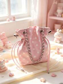Cute Polka Dot Chain Drawstring Bucket Bag, Chain Strap Crossbody Bag, Y2K Style Mini Shoulder Bag, Suitable For Daily Casual Use, - Multicolor - View 12