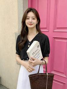 YCYC Summer Polka Dot Petal Sleeve Women's Short Sleeve Blouse - Black - View 3