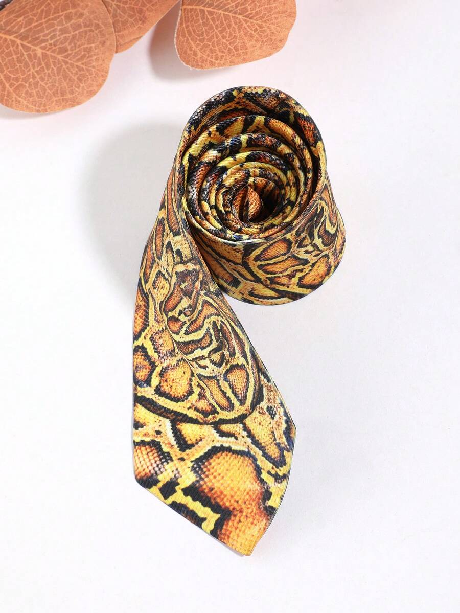 1Pc Men Yellow Brown Python Snake Print Soft Fabric Novelty Stylish Necktie For Party Halloween Costume - Multicolor - View 1