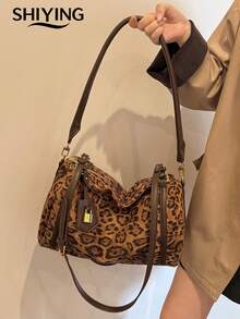 1pc Solid Color Suede New Women's Backpack, Shoulder Bag, Crossbody Bag, Leopard Print Design, Fashionable Large Capacity Tote Bag, Suitable For Commuting, Shopping, Dating - Multicolor - View 9