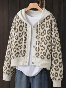 Women's Fashion Leopard Print Hooded Knit Cardigan, Casual Long Sleeve Drawstring Button Short Sweater Jacket, Loose Fit Autumn/Winter Outerwear - Camel - View 1