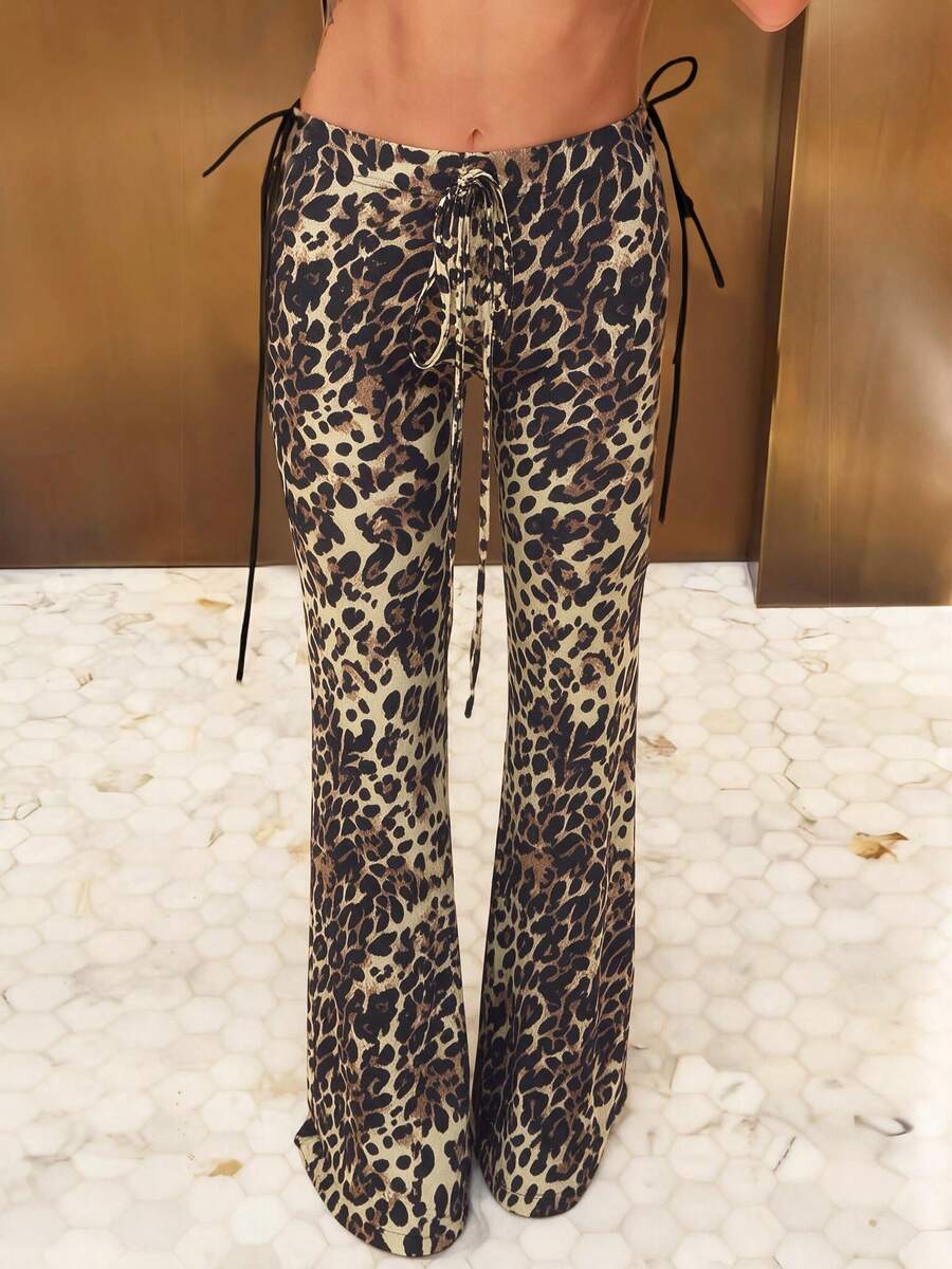 DOUCIU Leopard Print High Waist Drawstring Flare Pants Women's Casual Street Style - Multicolor - View 1