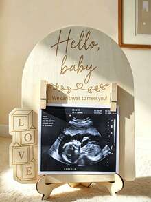 Baby Ultrasound Photo Wooden Display Stand, Ultrasound Photo Frame Decor, Hello Baby, We Can't Wait To Meet You Pregnancy Announcement Wooden Sign - Multicolor - View 4