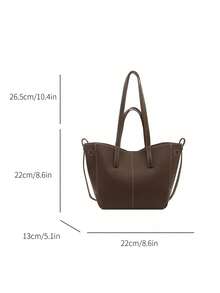 1pc Solid Color PU Commuter Shopping Large Capacity Minimalist Exquisite Versatile Casual Daily Modern Style Tote Bag - Coffee - View 5