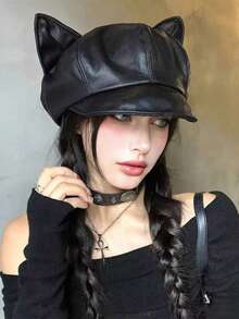 2pcs Women's Soft Comfortable Solid Color PU Cat Ear Cosplay Beret, Vintage Street Style, Suitable For Halloween Party, Travel And Daily Wear - Multicolor - View 4