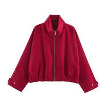 MUMRAP Women's Casual Plaid Long Sleeve Stand Collar Zipper Short Jacket - Red - View 10