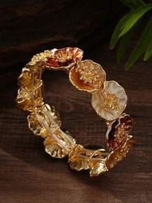 Cring Coco 1 pieza Brazalete de flor de estilo vintage esmaltado para mujer, accesorio elegante de brazalete floral chapado en oro, accesorio de nicho para uso diario, fiesta y regalos de vacaciones - flores - Ver 4