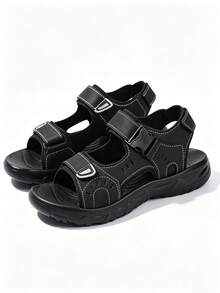 1 Pair Black Classic Solid Color Beach Sandals With Hook-And-Loop Buckle Dual Adjustable Design, Breathable Comfortable Casual Versatile - Black - View 2