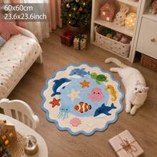 1pc New Velvet Wavy Edge Ocean Animal Round Rug, Dolphin Octopus Sea Turtle Cartoon Print Floor Mat, Living Room Bedroom Atmosphere Decor Foot Mat, Skin-Friendly Machine Washable Home Rug, Suitable For Bedroom Bedside And Bay Window, Create Warm Healing Home Decor Atmosphere, Decorative Rug, Bedroom Decor, Small Rug, Rug, Home Decor, Living Room Rug, Living Room Small Rug, Bedroom Rug, Living Room Home Decor, Outdoor Rug, Washable Rug - Multicolor - View 6