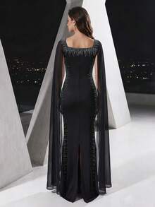 YISIKADO Rhinestone Embellished Elegant Fitted Chiffon Square Neck Split Sleeve Long Dress For Women Wedding Guest Party - Black - View 2