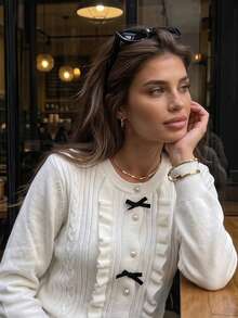 Women's White Knitted Cardigan With Ruffle Trim, Bow And Buttons, Long Sleeve Round Neck, Suitable For Autumn/Winter - Apricot - View 3