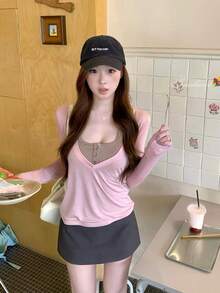 韓式純甜風 2 合 1 長袖女款上衣 T-shirt - 粉色 - 查看 8