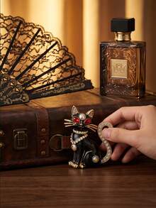 1pc Vintage Black Cat Brooch With Rhinestones, Elegant Cat Pin Accessory, High-End Fashion Corsage, Unique Niche Design Jewelry - Black - View 7