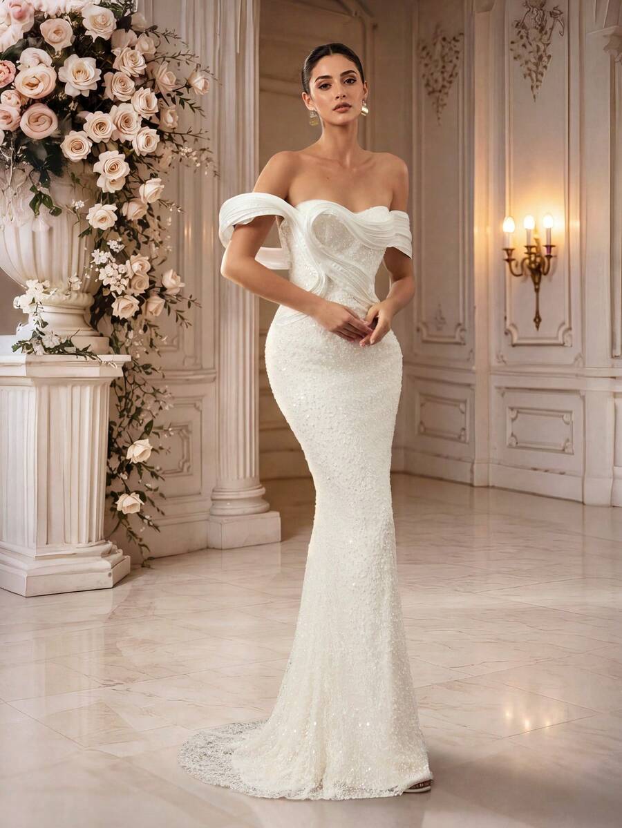 HEARBOBO Elegant Off-Shoulder Backless Pleated Slit Long Vintage Wedding Dress, Romantic Occasion Bridal Gown White - White - View 1