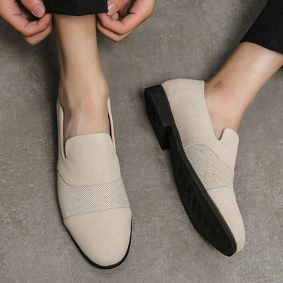 Men's Beige Suede Loafers With Round Toe, Horizontal Woven Strap Patchwork, Slip-On Low Heel, Structured Silhouette, Crisp Design, Formal Suit Wedding Banquet Shoes - Beige - View 1