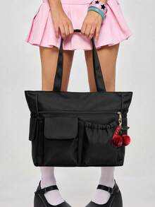 Women's Fashion Versatile Solid Color Nylon Tote Bag, Large Capacity Multi-Pocket Handbag, Suitable For School, Commuting And Daily Use - Black - View 8