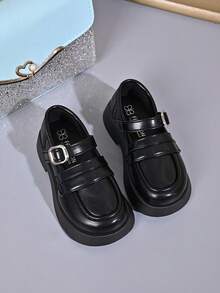 Girls' One-Strap Loafers, Simple Beige Thick Sole Non-Slip Versatile Casual Shoes - Black - View 5