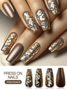 MAOMIA 24Pcs Matte Ballet False Nail Set - Medium Length, Autumn And Winter Warm Tones With Gold Embellishments And 3D Embossed Flowers, Press-On Nail Art, Easy To Apply And Remove - Multicolor - View 2