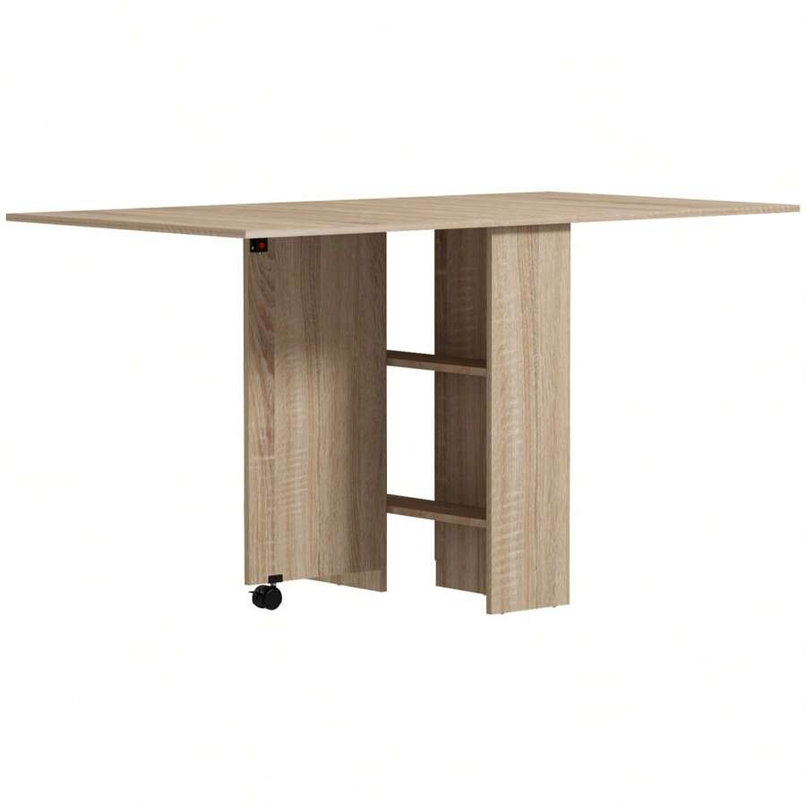 Folding Dining Table, Drop Leaf Table Small Spaces With 2-Tier Shelves, Small Kitchen Table With Rolling Casters, Natural - Natural Wood + Particle Board - View 1