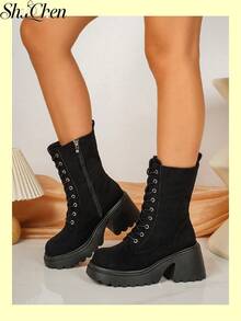1 Pair Black Lace Up Side Zipper Platform Women Boots Winter Boots Fall Boots Street Daily Mid Calf Boots - Black - View 5