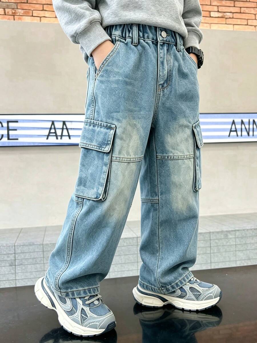男童秋季寬鬆休閒工裝牛仔長褲,青少年大口袋復古做舊水洗設計百搭直筒長褲 - 藍色 - 查看 1