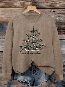 Christmas Tree & Sleigh Print Plus Size Women's Casual Fashion Warm Faux Cashmere Sweater (Autumn/Winter/Thanksgiving) - Earth Gray - View 1