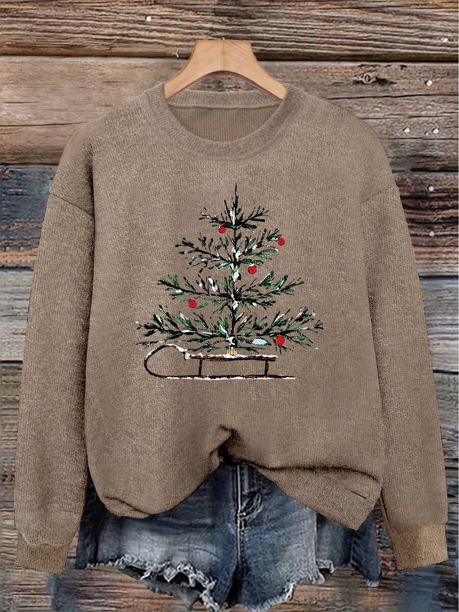 Christmas Tree & Sleigh Print Plus Size Women's Casual Fashion Warm Faux Cashmere Sweater (Autumn/Winter/Thanksgiving) - Earth Gray - View 1