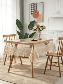 1pc Rectangular Transparent PVC Tablecloth, Floral Embroidery Lace Trim, Waterproof Oil-Proof Easy To Clean Table Cover, Suitable For Dining Table, Home And Kitchen Decor - milk coffee color - View 5