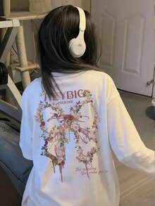 女款時尚秋冬純棉寬鬆百搭字母花卉與蝴蝶結印花圓領休閒長袖T恤 - 白色 - 查看 4
