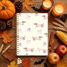 1pc 14*21cm Spiral Notebook, Cute Cartoon Dachshund Design For School, Home, Office, Note Taking, Journaling, Daily Planner, Sausage Dog Pink Stripe Outfit Bow Cherry Cream Background Pattern - Multicolor - View 5