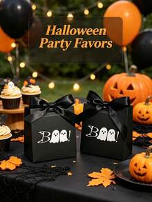 10/5/3/1pc Halloween Boo Ghost Pattern Gift Boxes, Black Satin Ribbon Bow Gift Boxes, Halloween Party Candy Cookie Small Gift Return Favor Packaging Bags, Black Background BOO Ghost Bow Gift Boxes Suitable For Halloween, Gift Boxes, Packaging Boxes, Baking Boxes - Multiple Styles - View 4
