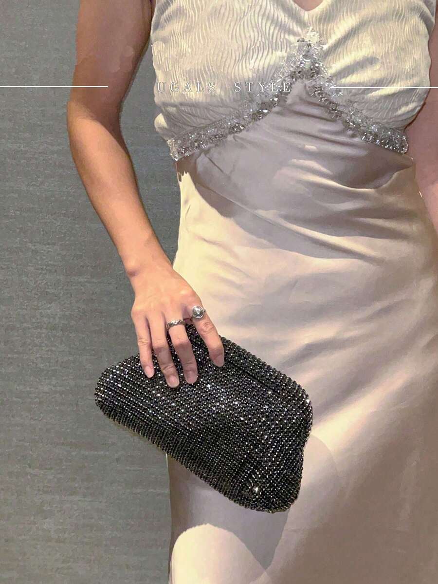 奢華女款水鑽貝殼扣晚宴手拿包,新娘包,適合派對、舞會、婚禮、晚餐/宴會,搭配正式禮服 - 黑色 - 查看 1