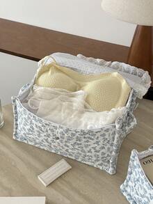 Cream White Base Blue Floral Quilted Storage Basket, Available In Multiple Sizes, Lace Ruffle Flap Design, Fabric Organizer Bin For Vanity Cosmetics - View 8