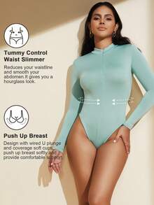 1 buah Baju Dalam Pembentuk Tubuh Wanita Berlapisan Termal, Pas Badan, Lengan Panjang, Resleting, Leher V - Hijau - View 2