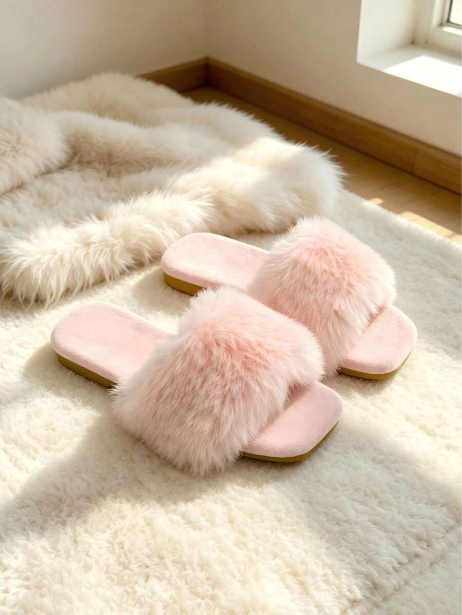 Kids Fashion Fuzzy Slippers, Autumn/Winter Home Fuzzy Slippers, Minimalist Design, Comfortable And Warm - Baby Pink - View 1