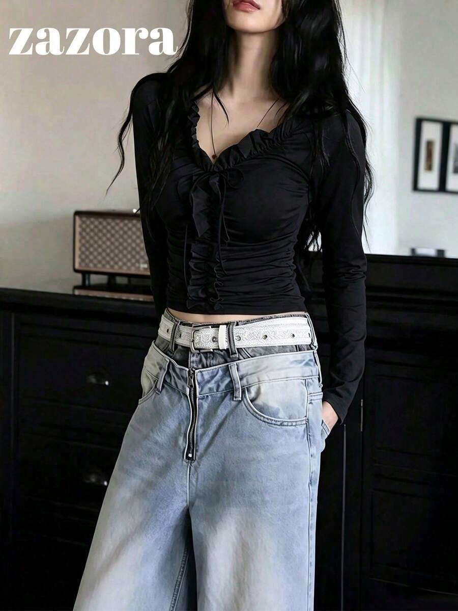 Korean Style Niche Exquisite 3D Ruffle Trim Long Sleeve T-Shirt For Women, Unique Inner Layer Top - Black - View 1