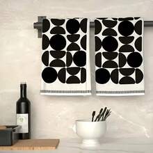 2pcs Modern Geometric Kitchen Dish Cloths, Black And White Abstract Circle Color Block Print Napkins, Minimalist Home Kitchen Decor Hand Towels - Black and White - View 2