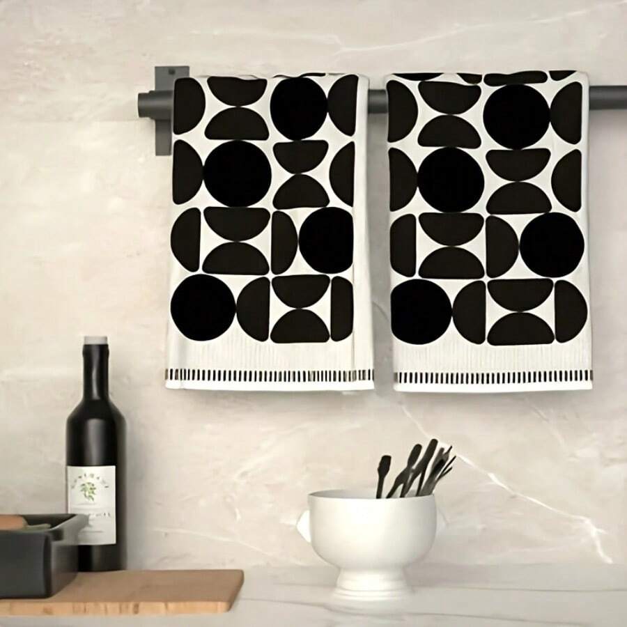 2pcs Modern Geometric Kitchen Dish Cloths, Black And White Abstract Circle Color Block Print Napkins, Minimalist Home Kitchen Decor Hand Towels