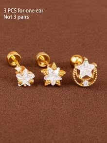 3PCS Stainless Steel Mini White Star Zirconia Stud Earring Set Women 18K Gold Plated Helix Ear Studs Tragus Cartilage Piercing Girls Jewelry Gift - 1-gold-3PCS - View 4