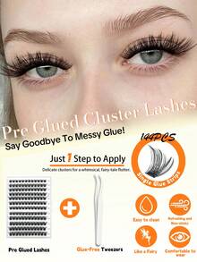 YIDUO Pre-Glued Cluster Lashes For Adults - Self-Adhesive Natural Cosmetic Eyelash Extensions, The Set Includes Exclusive Non-Stick Tweezers Fishtail/C Curl, 8-14mm Mixed Length, Beginner-Friendly, Lightweight Wispy Cat Eye Look, Long-Lasting - C - View 3