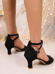 1 Pair High Heel Sandals, Cross Strap + Rhinestone Buckle Decor, Suede PU Material, Round Toe Stiletto Heel, Elegant Party Style, Suitable For Daily Commute, Evening Party, Ball, Dress Matching, Outdoor Wear - Black - View 6