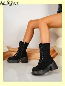 1 Pair Black Lace Up Side Zipper Platform Women Boots Winter Boots Fall Boots Street Daily Mid Calf Boots - Black - View 2