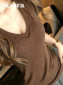 Brown V-Neck Slim Fit Short Sleeve T-Shirt, Korean Style Sexy Slimming Versatile Top - Brown - View 6