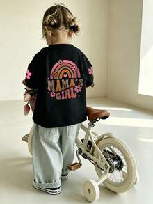Baby Girl Minimalist "Mommy's Girl" Letter Print Round Neck Short Sleeve Cute Top - Black - View 1