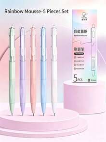 1/5pcs Rainbow Mousse Macaron Color Retractable Gel Pens, Quick-Dry Black Ink, Soft Rubber Non-Slip Grip Ballpoint Pens, Smooth Writing Pens For Students' Exam Practice And Note-Taking, Back To School Gift For Friends - Sets - View 9