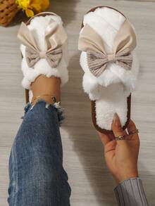 Autumn/Winter Atmosphere Bowknot Decor Slippers Women's Simple Versatile Home Fluffy Plush Lining Fluffy Plush Lining Fur Slippers - Brown - View 7