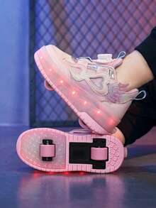 Unisex LED Rechargeable Light-Up Roller Shoes, Children's Multi-Functional Transformable Roller Skates With Detachable Wheels, Suitable For All Seasons, Outdoor And Sports - Pink - View 4